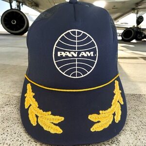 Pan Am Airlines Navy Blue Trucker Hat Captain Pilot Scrambled Eggs Snapback Cap